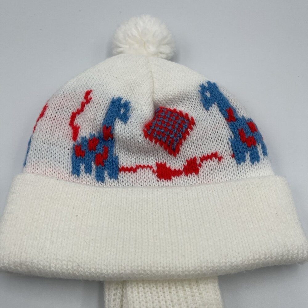 Vintage Red Blue White Giraffe Baby Winter Beanie Hat with Ear Flaps - Picture 5 of 11